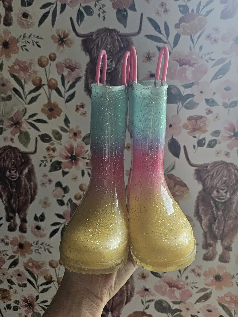 Kids Light-Up Rainbow Ombre Rain Boots - Pink Handles